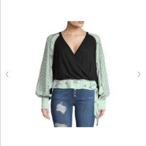 Free People Auxton Top Womens Size Small Black Green Thermal Wrap BOHO Side Tie